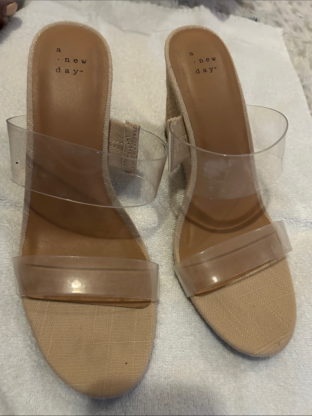 a new day nude clear strap wedge mules